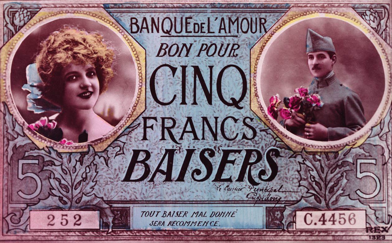 Tarjeta postal en forma de vale por cinco besosfrancos del Banco del Amor, 1914-18 de French School