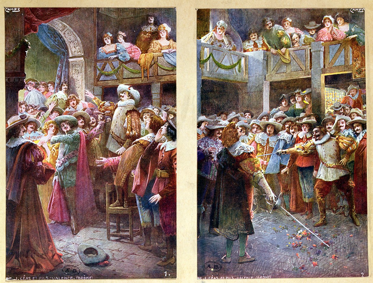 Postales que representan a Cyrano de Bergerac y el Duelo en el Hotel de Bourgogne, c.1900 de French School