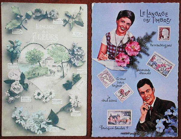 Postales que representan el lenguaje de las flores, c. 1913 y de los sellos, c. 1963 de French School