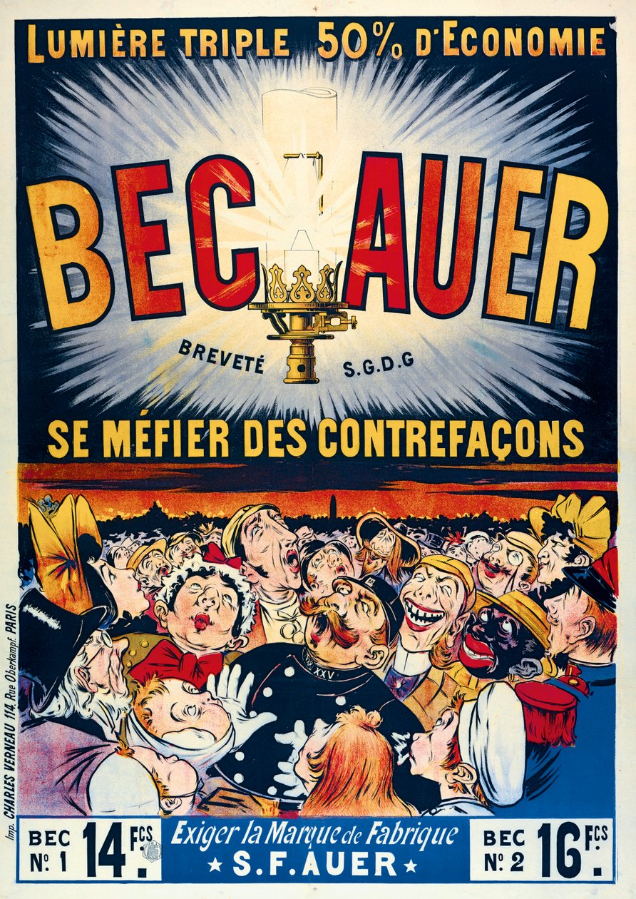 Póster publicitario de lámparas de petróleo Becauer, impreso por Charles Verneau, 1890 de French School