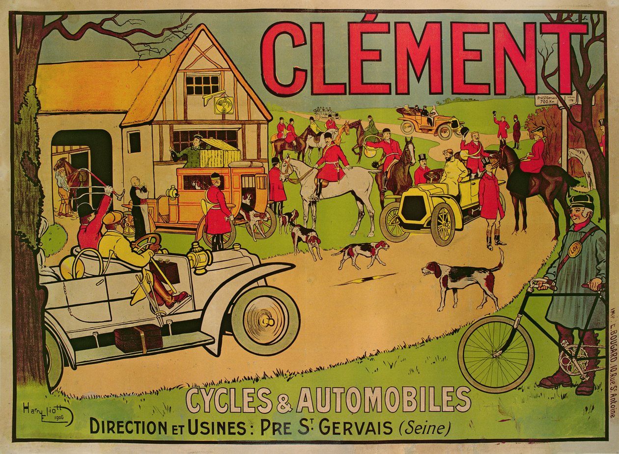 Póster publicitario de Cycles & motorcars Clement, Pre Saint-Gervais, 1906 de French School