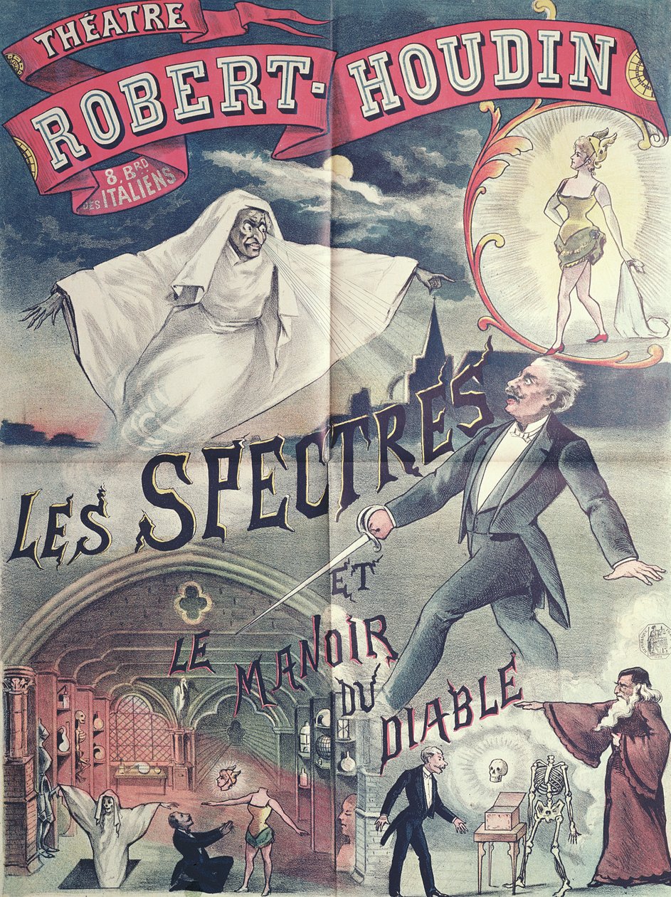 Póster publicitario de Fantasmas y la Casa del Diablo en el Teatro Robert-Houdin, París, c.1870 de French School