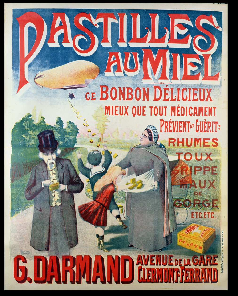 Póster publicitario de Pastillas al Miel, caramelos de miel, hechos por G. Darmand de French School