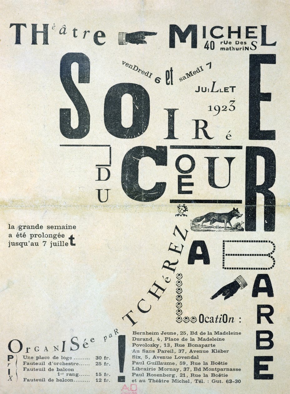 Póster publicitario de Soiree du Coeur a Barbe en el Theatre Michel 6 y 7 de julio de 1923 de French School