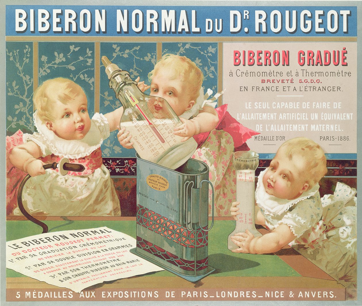 Póster publicitario de una botella graduada diseñada por el Dr. Rougeot, 1887 de French School