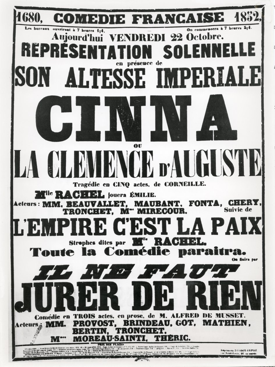 Póster anunciando una actuación en la Comédie-Française el 22 de octubre de 1852, de la tragedia Cinna de Corneille, seguida de un recital del poema L