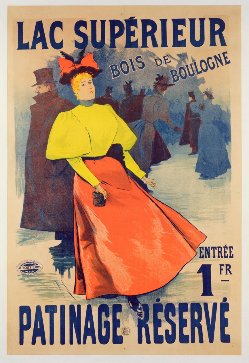 Cartel publicitario de una pista de patinaje en el Lac supérieur en el Bois de Boulogne de French School