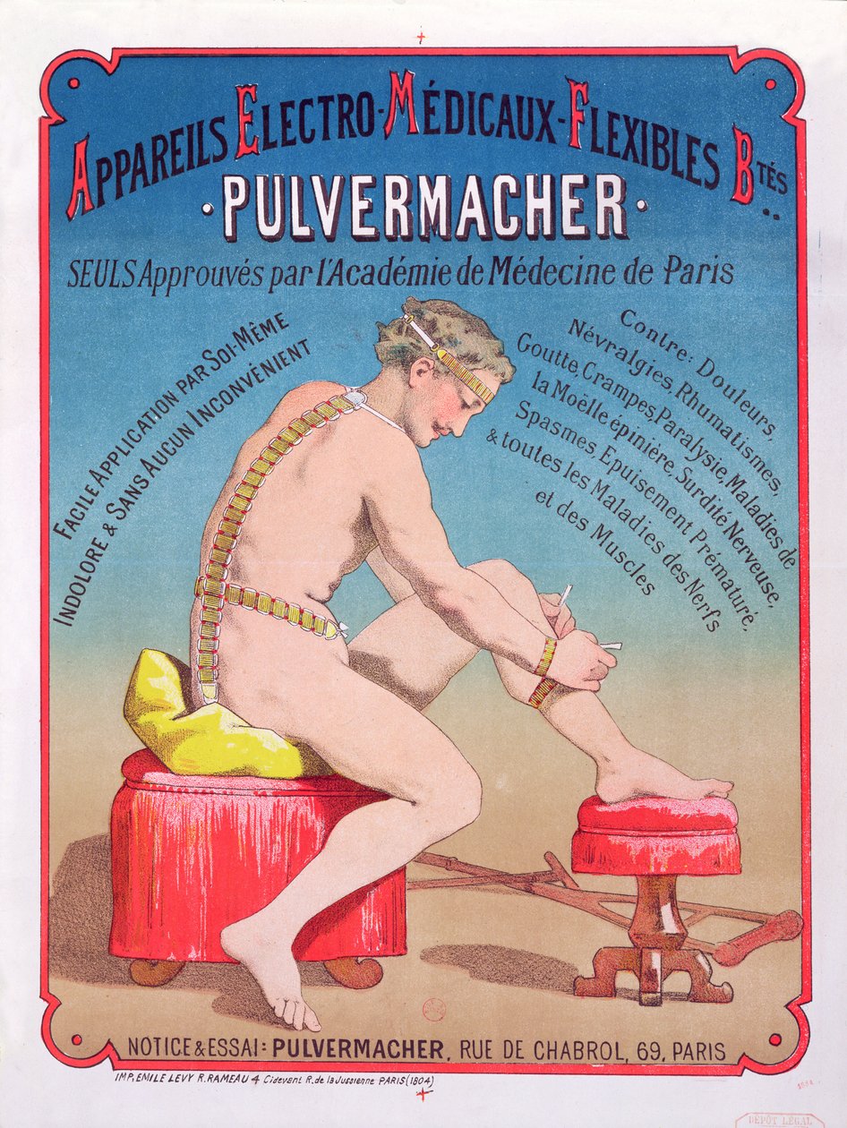 Póster publicitario de una máquina de masaje y estimulación corporal Electro-Medical Pulvermacher, 1884 de French School