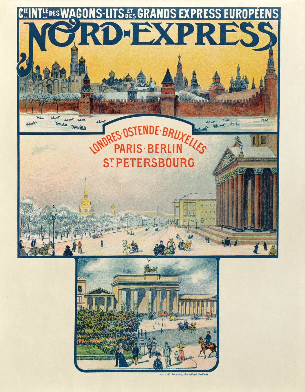 Cartel publicitario de la Compagnie des Wagons-Lits et des Grands Express Européens, de Londres a San Petersburgo, principios del siglo XX de French School
