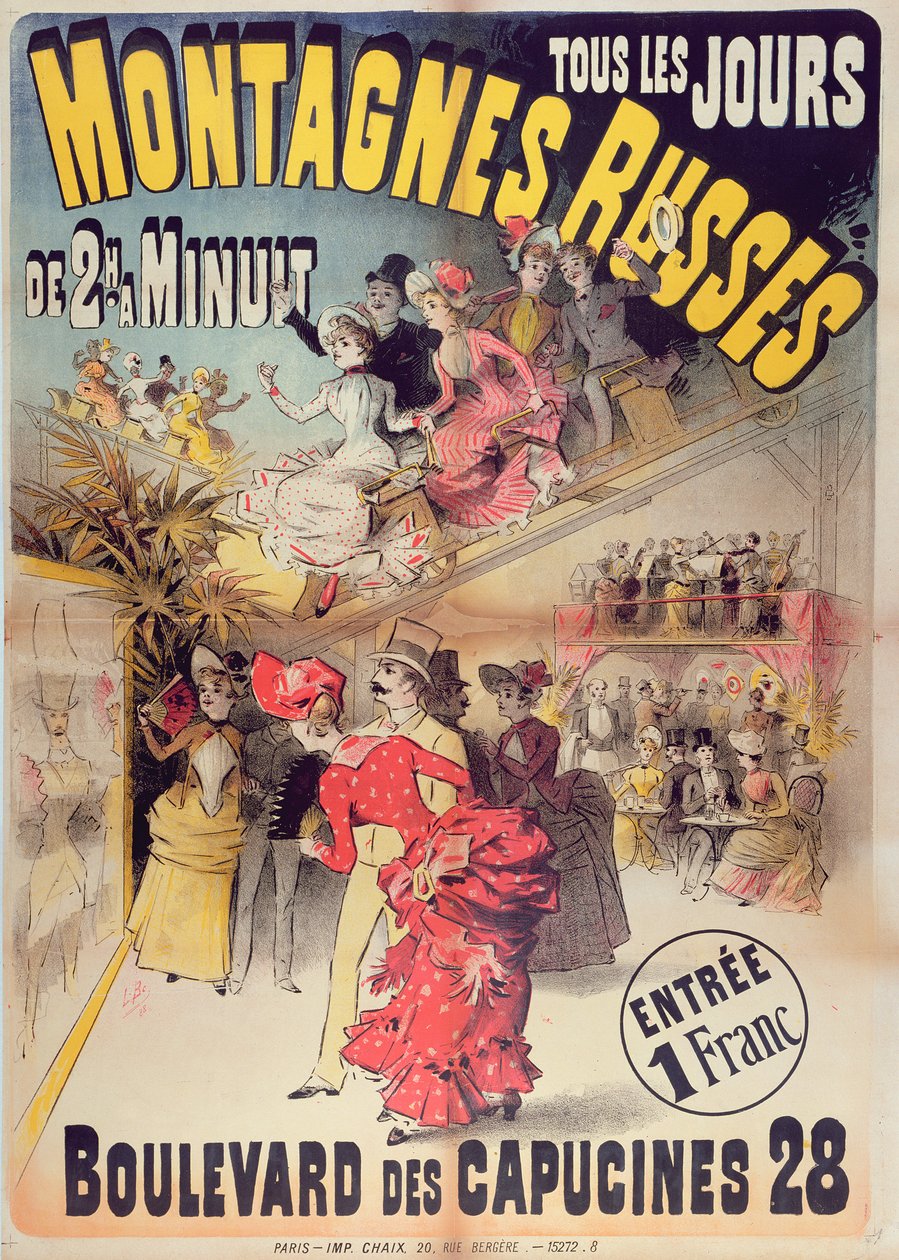 Póster publicitario de la Montagnes Russes Roller Coaster en el Boulevard des Capucines, París, 1888 de French School