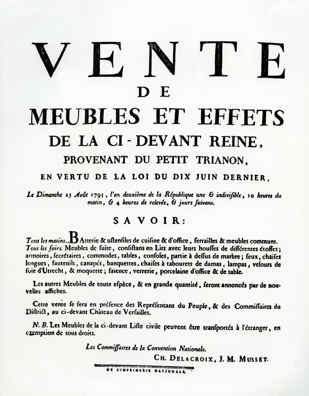 Póster anunciando la venta de los muebles y efectos de María Antonieta el 25 de agosto de French School