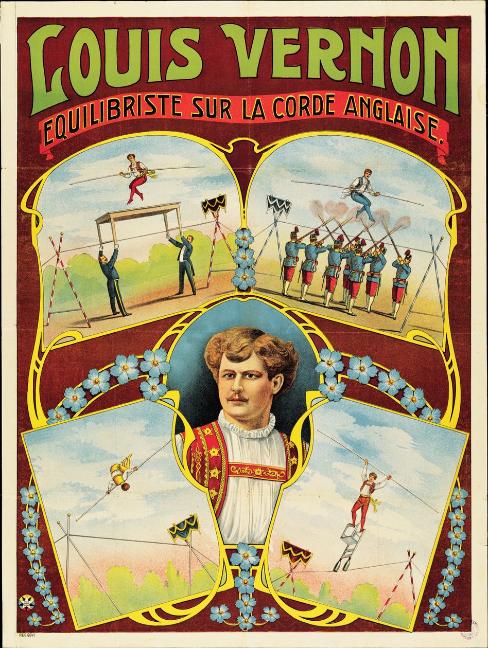 Póster publicitario de actuaciones de funambulismo por Louis Vernon de French School