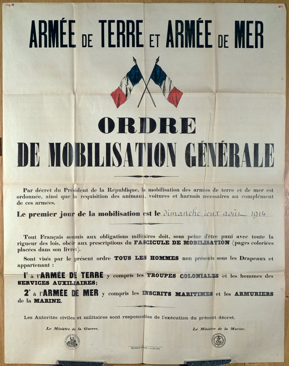 Cartel anunciando la movilización general en Francia, 2 de agosto de 1914 por el Ministerio de Guerra y Marina de French School