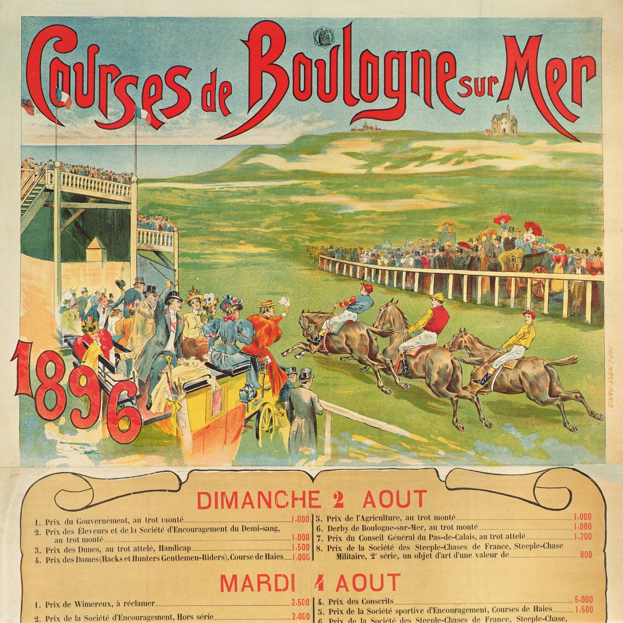Póster para carreras de caballos en Boulogne-sur-Mer, 1896 de French School