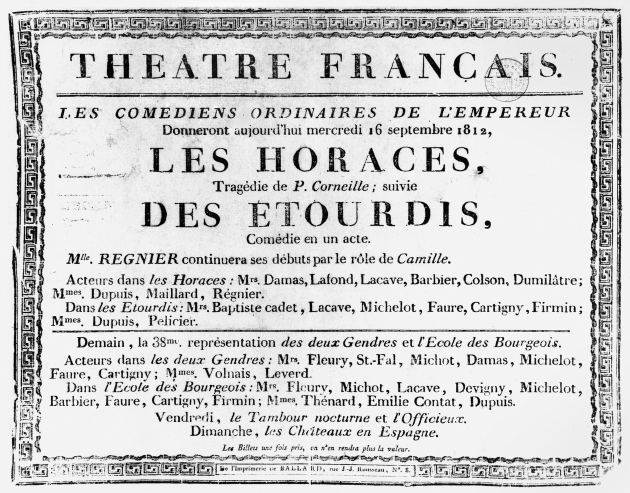 Cartel para la representación de Les Horaces de Pierre Corneille (1606-84) en el Théâtre Français en París, 1812 de French School