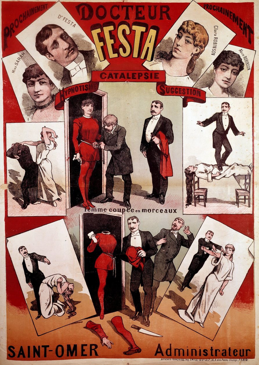 Cartel de presentación del espectáculo de magia del ilusionista Doctor Festa, principios del siglo XX (impresión) de French School