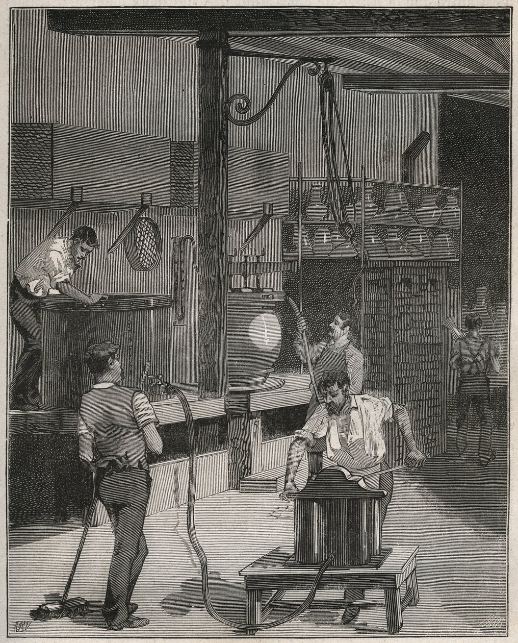 Cerámica, Manufactura de Sèvres: taller de colado al vacío y aire comprimido. Grabado de 1885 en 