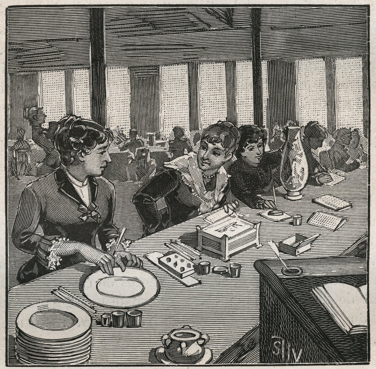 Cerámica: taller de pintura sobre porcelana en el siglo XIX en Francia. Grabado de 1880 en 