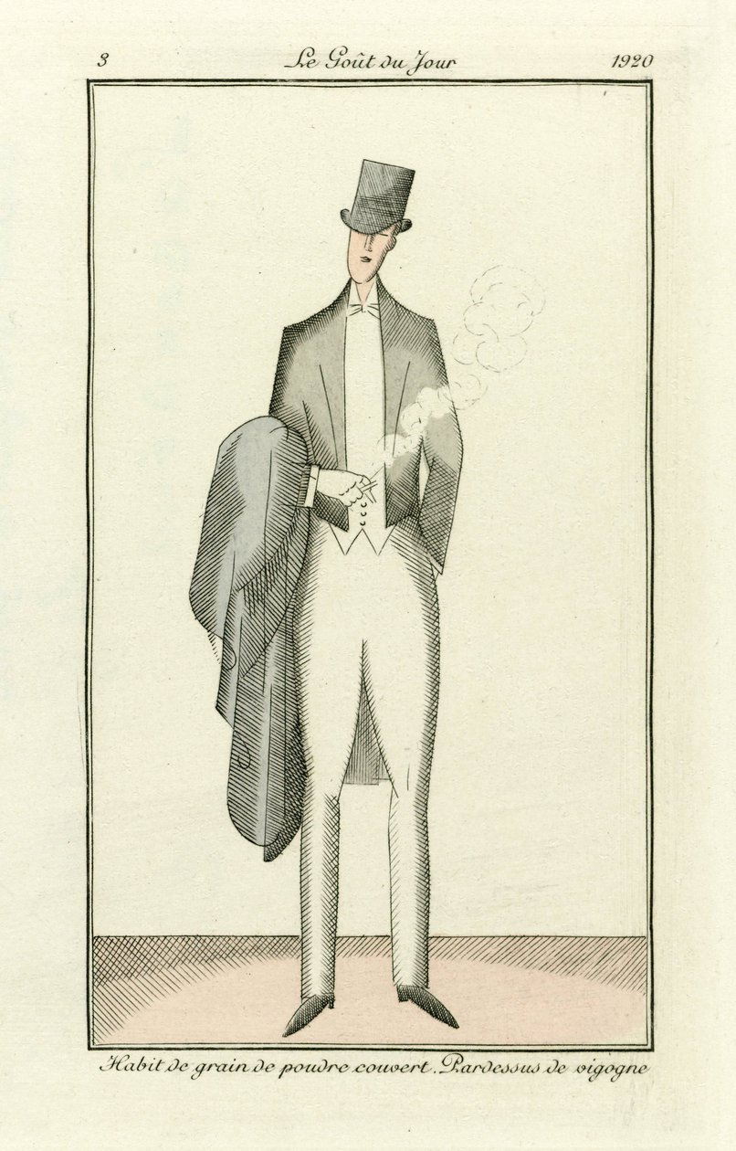 Hábito de grano en polvo cubierto. Abrigo de vicuña de Costumes Parisiens, pub.1912 (grabado coloreado a mano de French School