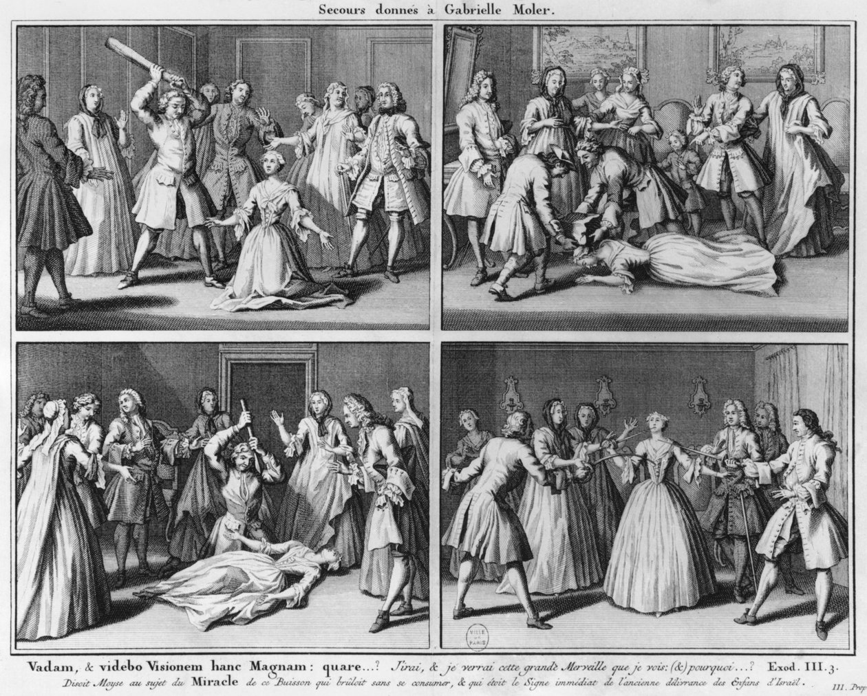 Práctica de asistencia a Gabrielle Moler, ilustración de La verité des miracles de M. de Paris... por Louis Basile Carré de Montgeron, 1747, Colonia de French School