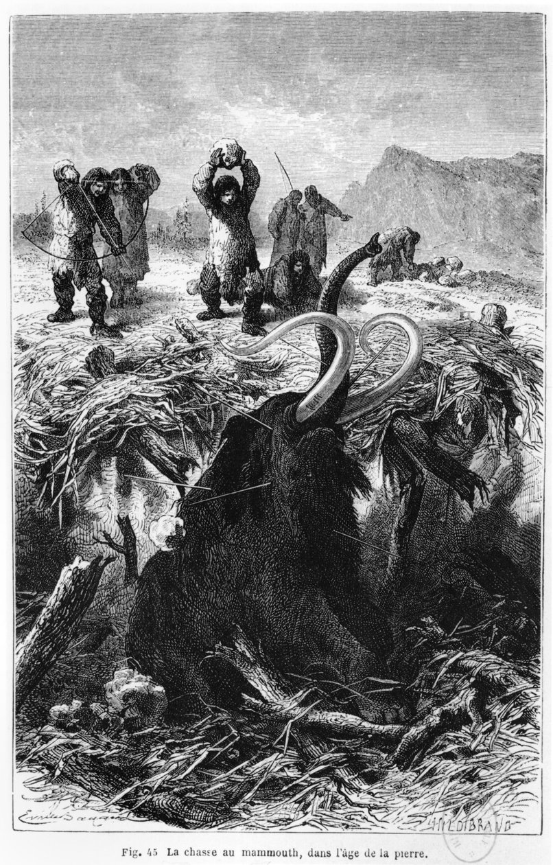 Hombres prehistóricos cazando un mamut, ilustración de L