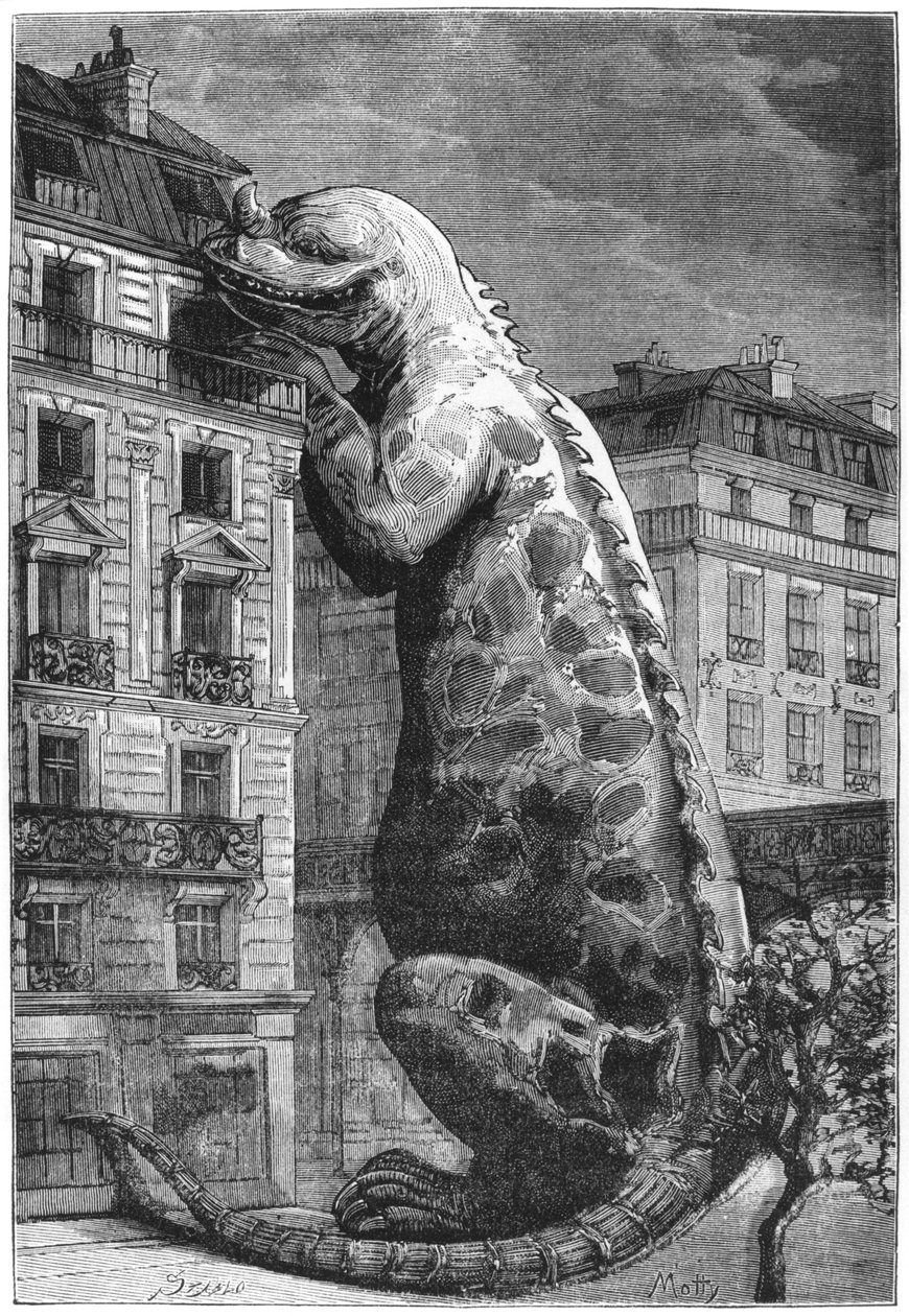 Monstruo prehistórico en una ciudad moderna, grabado por Motty (siglo XIX) ilustración de Le Monde Avant la Creation de l