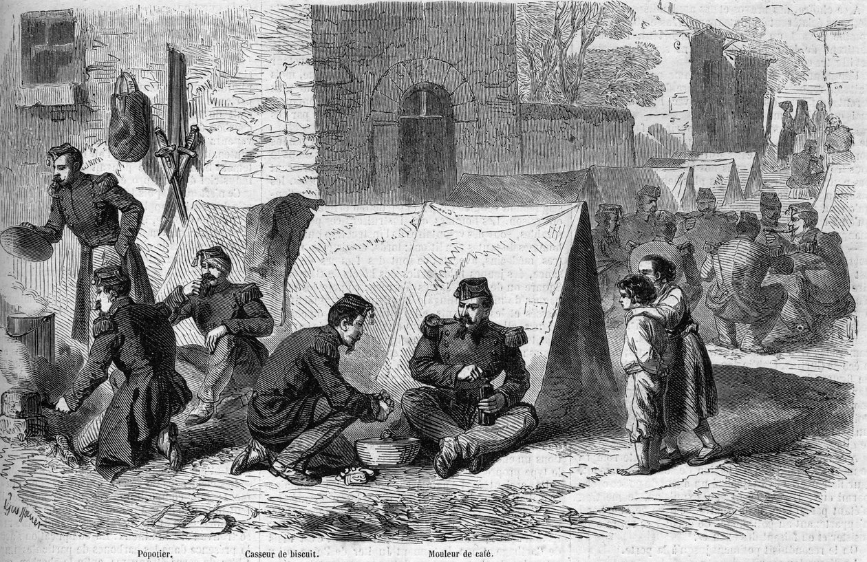 Preparación de la "popote" (comida) del 1er regimiento de granaderos de la Guardia Imperial Francesa durante el Risorgimento. De izquierda a derecha: un "popotter", un "rompe galletas" y un "cafetero". Cavriana, Italia de French School
