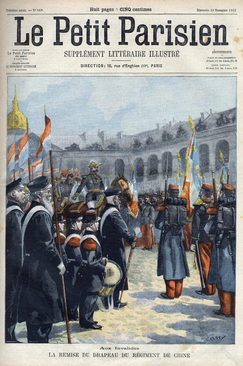 Presentación de la bandera del Regimiento de China por el General Faure Biguet (Faure-Biguet) al General Arnoux gobernador en los Inválidos en París, en "Le petit Parisien” 1901 (grabado) de French School