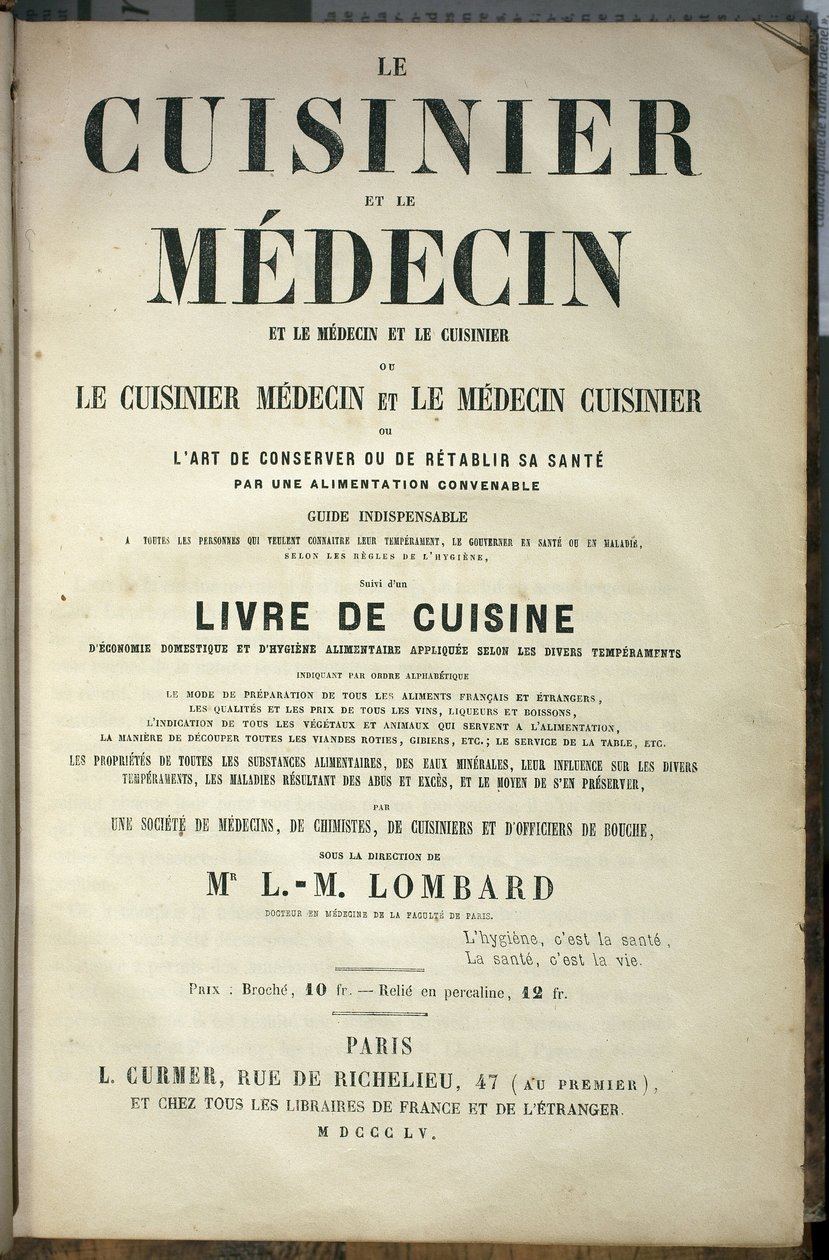 Página de presentación del libro “Le cuisinier et le medecin, l