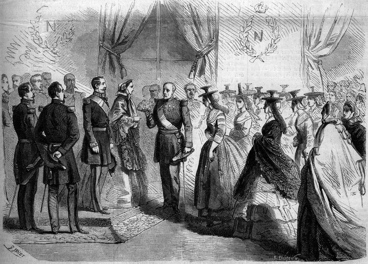 Presentación a Napoleón III (1808-1873) y a la Emperatriz Eugenia (1826-1920) de doce Maconnaises en traje regional. Macon, Saona y Loira (71) de French School