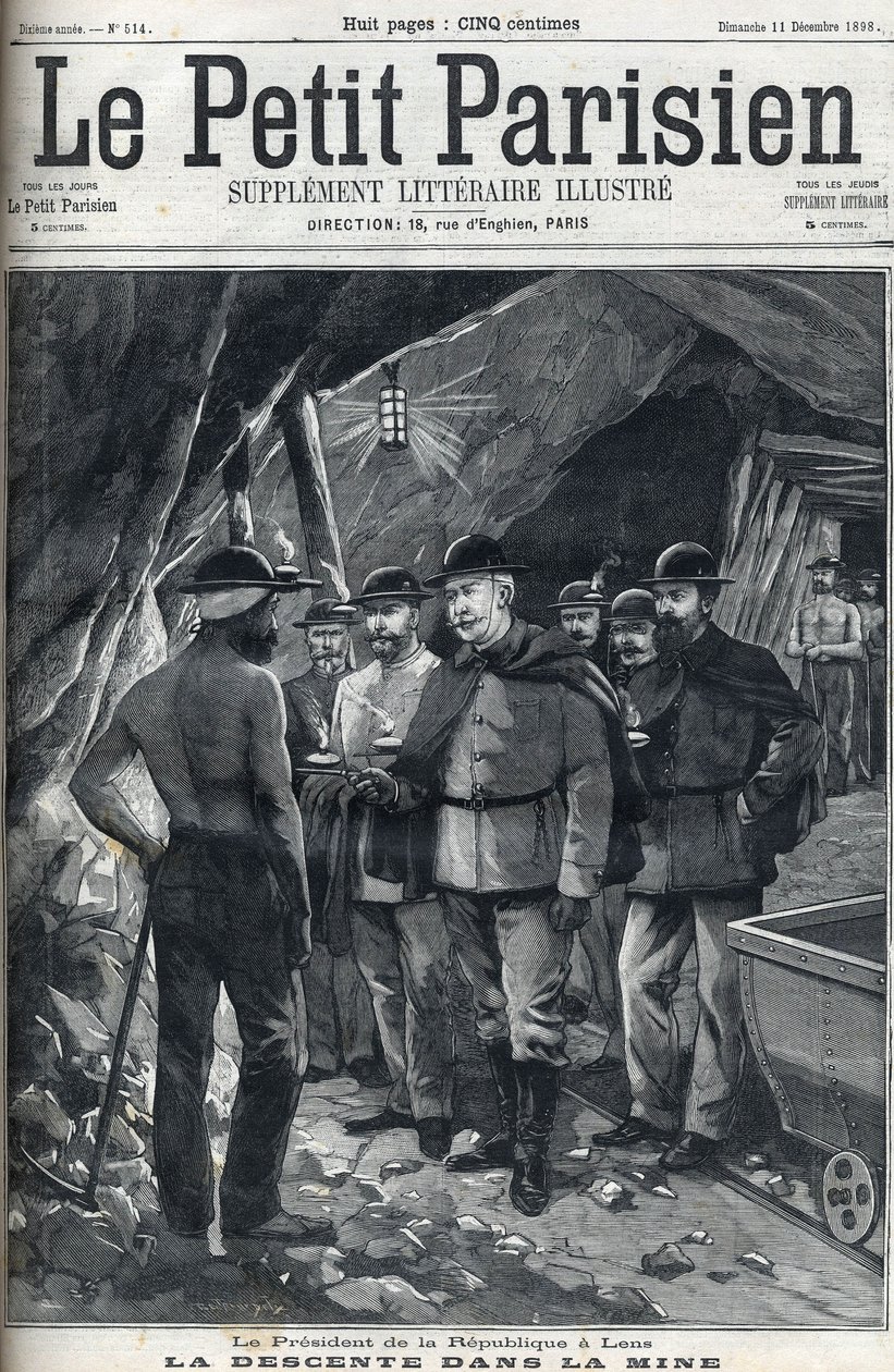 El presidente de la República Francesa Félix Faure visitó las minas de Lens en diciembre de 1898. Portada del periódico "Le petit Parisien". de French School