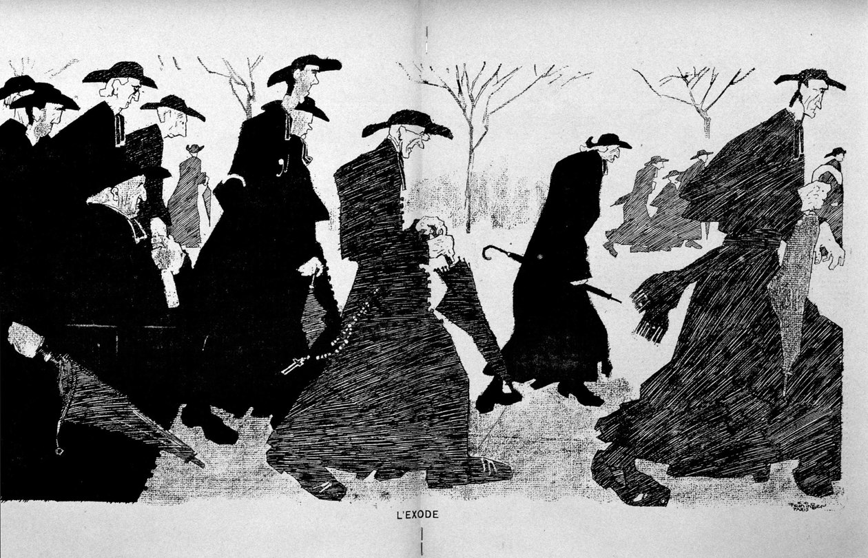 Sacerdotes en columnas huyendo (separación de Iglesia y Estado) - en The Witness del 29/12/1906 de French School