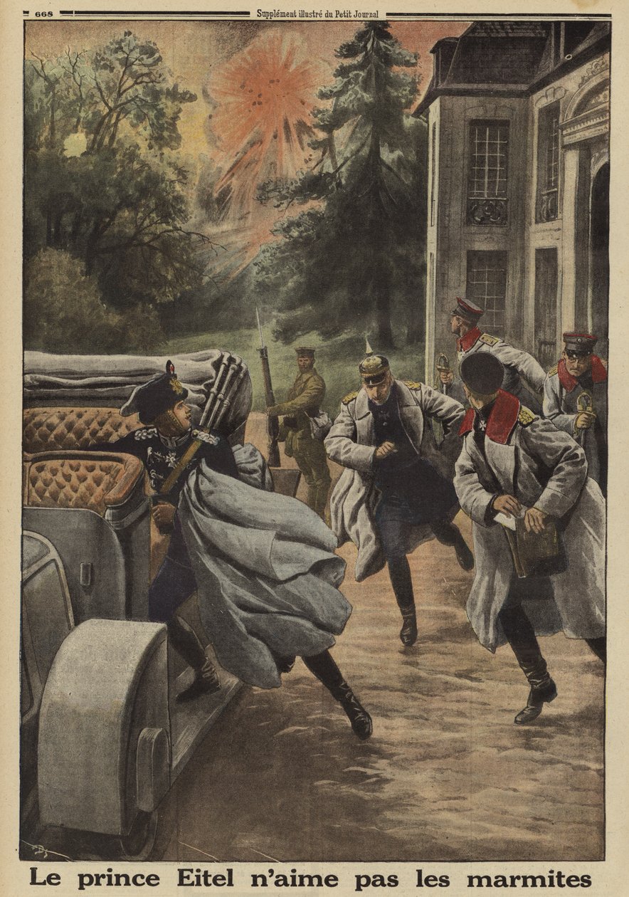 El príncipe Eitel Friedrich de Prusia, segundo hijo del káiser Guillermo II de Alemania, huye presa del pánico cuando su cuartel general en el castillo de Temple-la Fosse es bombardeado por la artillería francesa durante la Batalla del Somme, Primera Guerr de French School