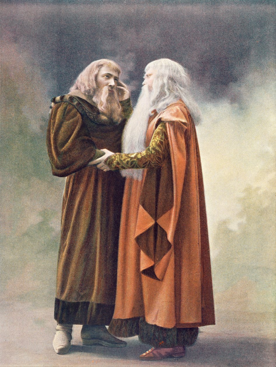 Príncipe Golaud y su abuelo, el Rey Arkel, en Pelleas et Melisande de Debussy, ilustración en la revista Theatre, junio de 1902 de French School