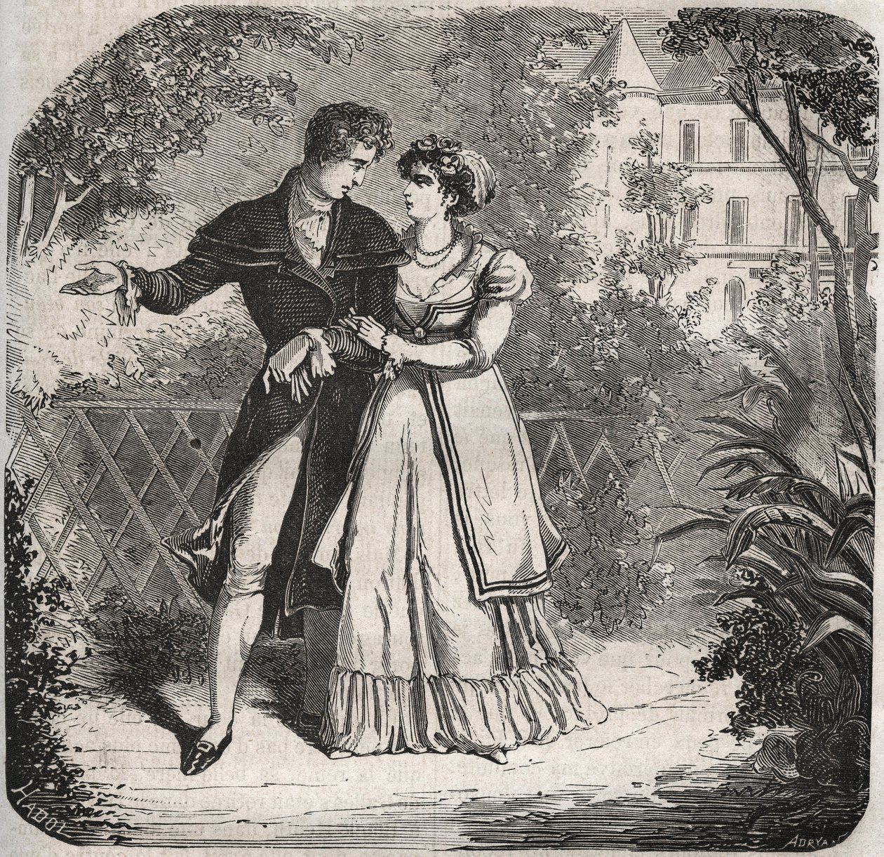 La Princesa de Gales Carolina de Brunswick (1768-1821) caminando con su amante, Bartolomeo Bergami. Grabado de 1871 en "Histoire Des Cocus Celebres" de Henry de Kock (1819-1892) de French School