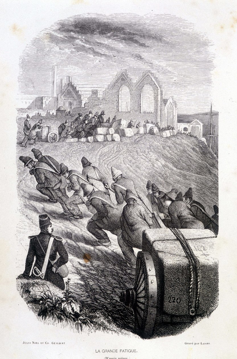 Prisioneros tirando bloques de piedra de cantera, “Les Bagnes: histoire, types, moeurs, mystère” por Maurice Alhoy, ed. Gustave Havard de French School