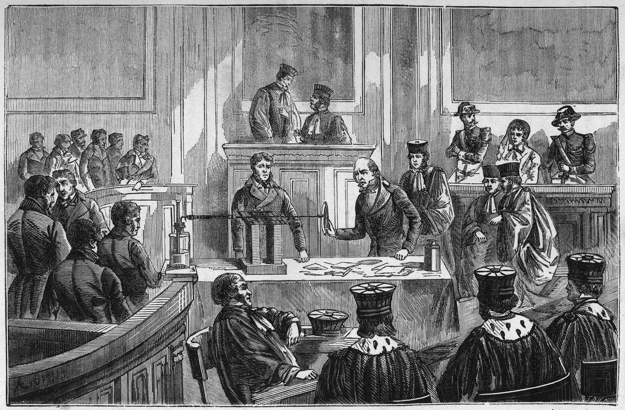 Proceso de Marie Fortunee Capelle, conocida como Marie Lafarge, una criminal francesa condenada por el asesinato de su esposo en 1840 - Grabado en "Ciencias al alcance de todos - física y química" por Alexis Clerc - Finales del siglo XIX - Colección privad de French School