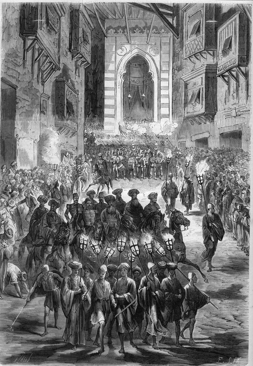 Procesión en las calles de El Cairo en el primer día de Ramadán. Egipto. de French School