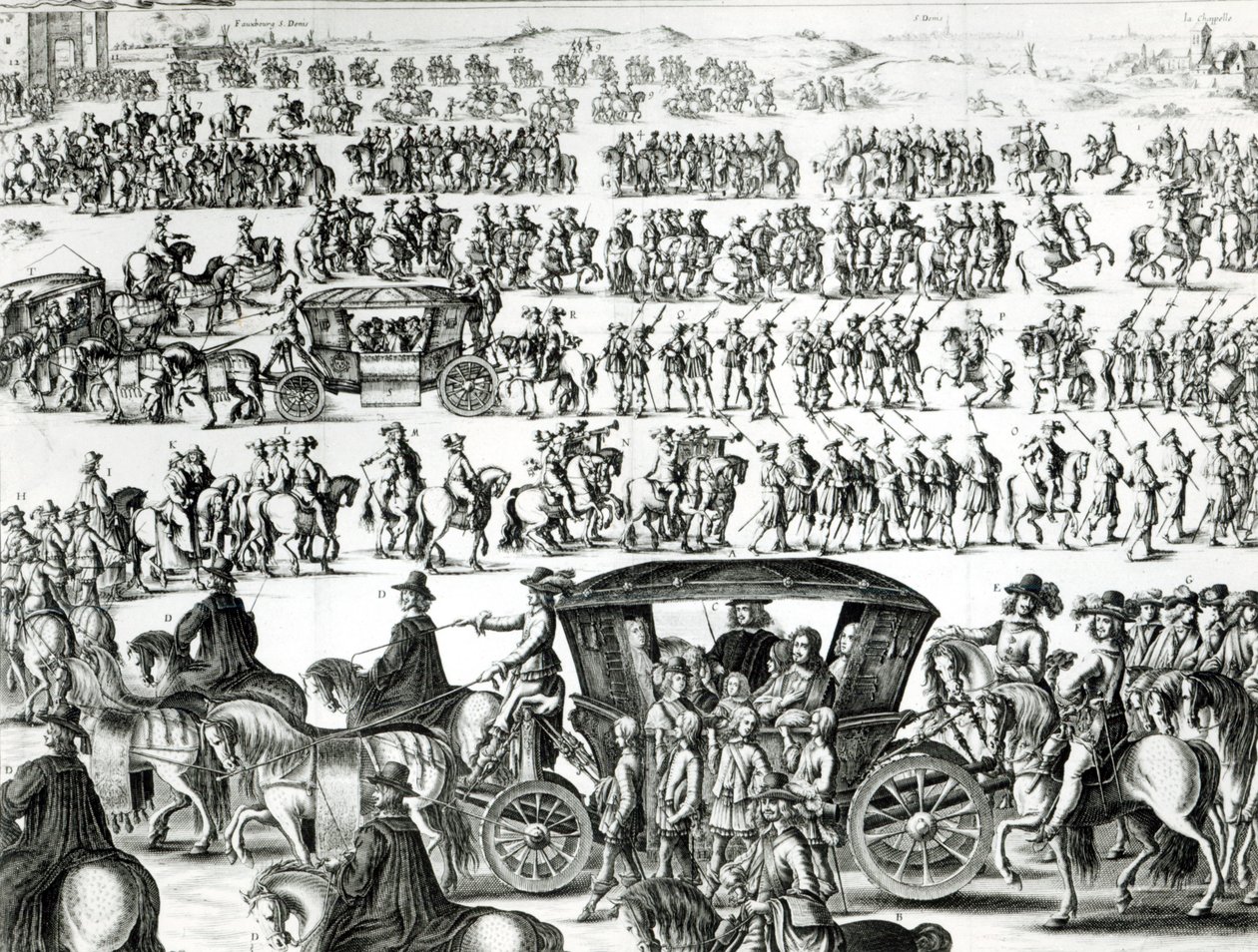 Procesión de la entrada del joven rey Luis XIV como niño en la ciudad de París el 18 de agosto de 1649, detalle de French School