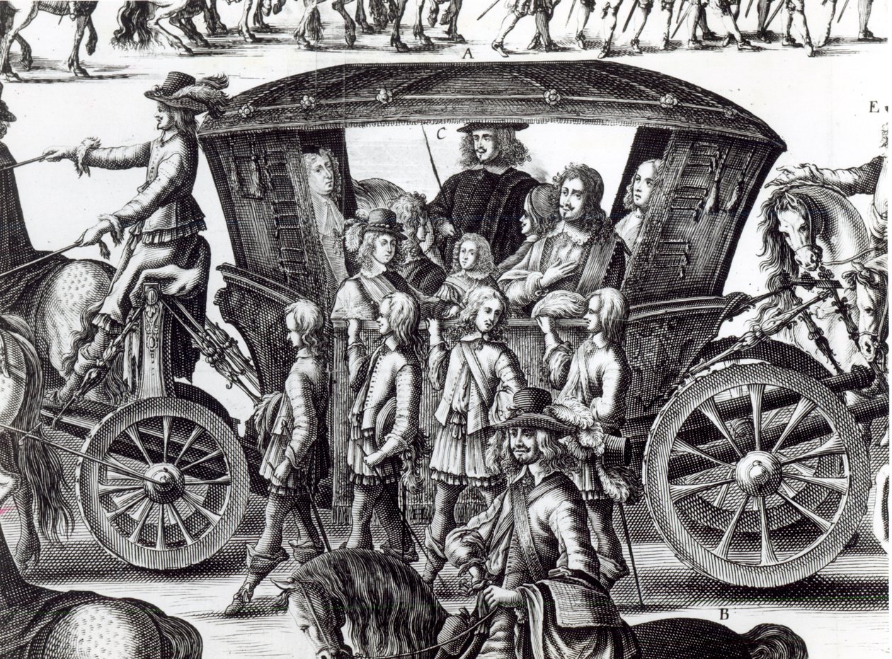 Procesión de la entrada del joven rey Luis XIV como niño en la ciudad de París el 18 de agosto de 1649, detalle de French School