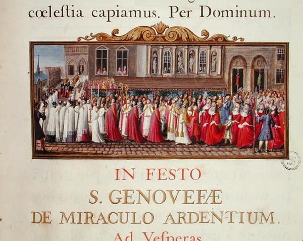 Procesión del relicario de Santa Genoveva, de un manuscrito para una misa dedicada a Santa Genoveva de French School
