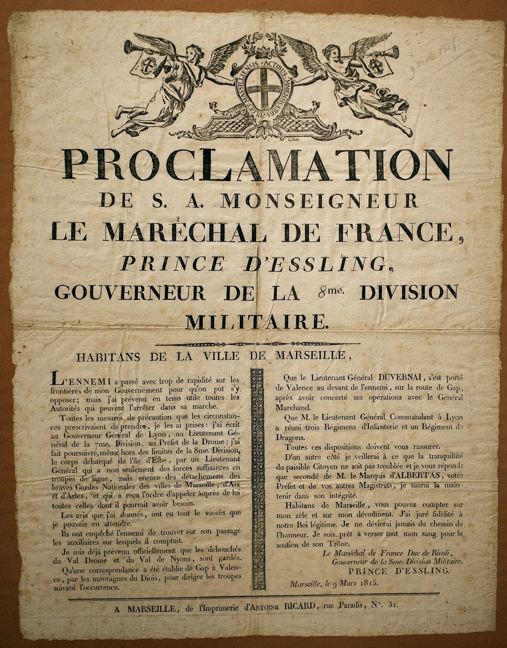 Proclamación a los habitantes de la ciudad de Marsella, fechada el 9 de marzo de French School