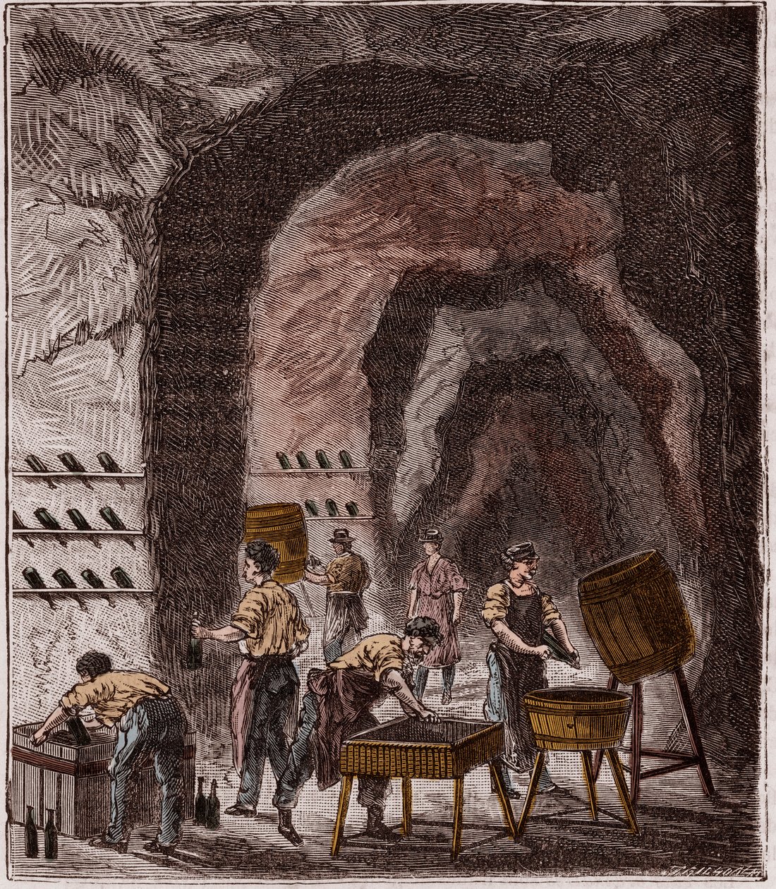 Producción de champán - Fabricación de champán - Grabado en “Ciencias puestas al alcance de todos - física y química” de Alexis Clerc - Finales del siglo XIX - Colección privada de French School