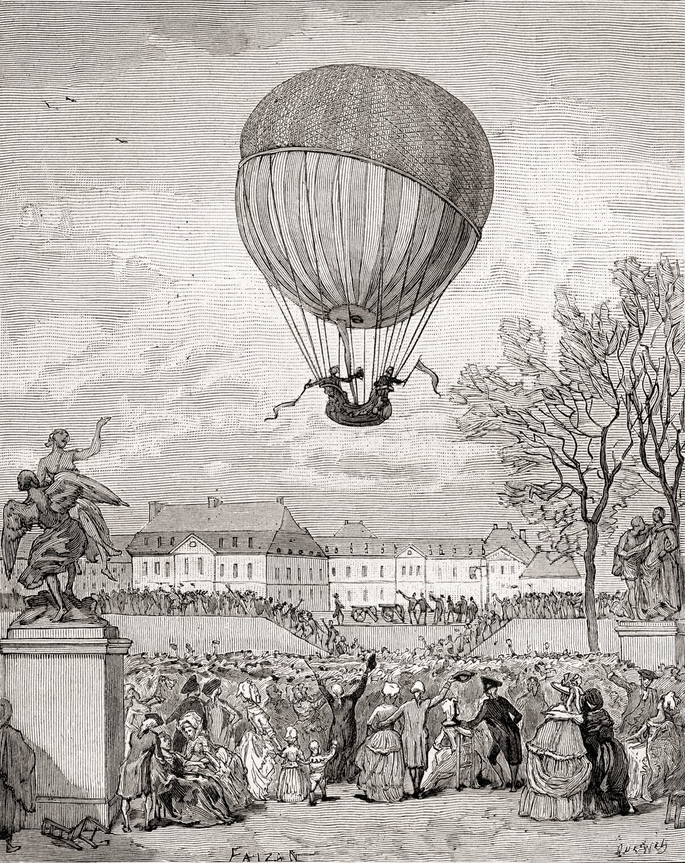 El profesor Jacques Charles y Nicolas-Louis Robert vuelan el primer globo de hidrógeno tripulado del mundo el 1 de diciembre de 1783 en los Jardines de las Tullerías, París, de 