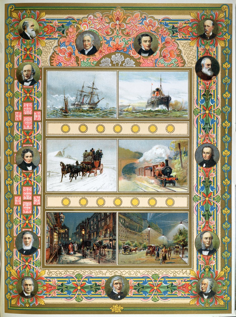 Progreso durante el reinado de la Reina Victoria (1819-1901). Barcos de vela, barcos de vapor, tren de vapor y alumbrado público de gas y eléctrico, 1887 de French School