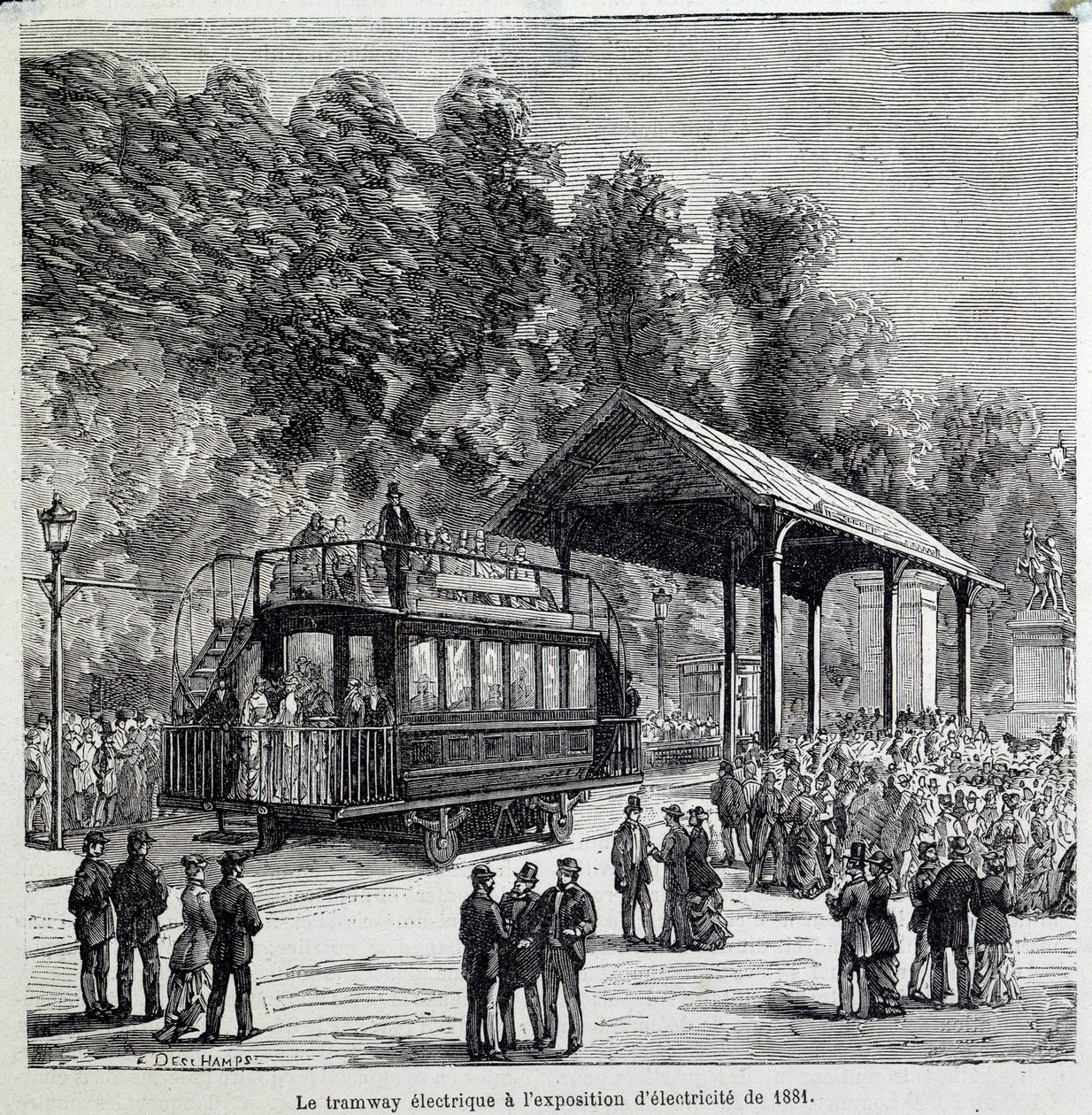 Progreso en el transporte: el tranvía eléctrico exhibido en 1881. Grabado del siglo XIX de French School