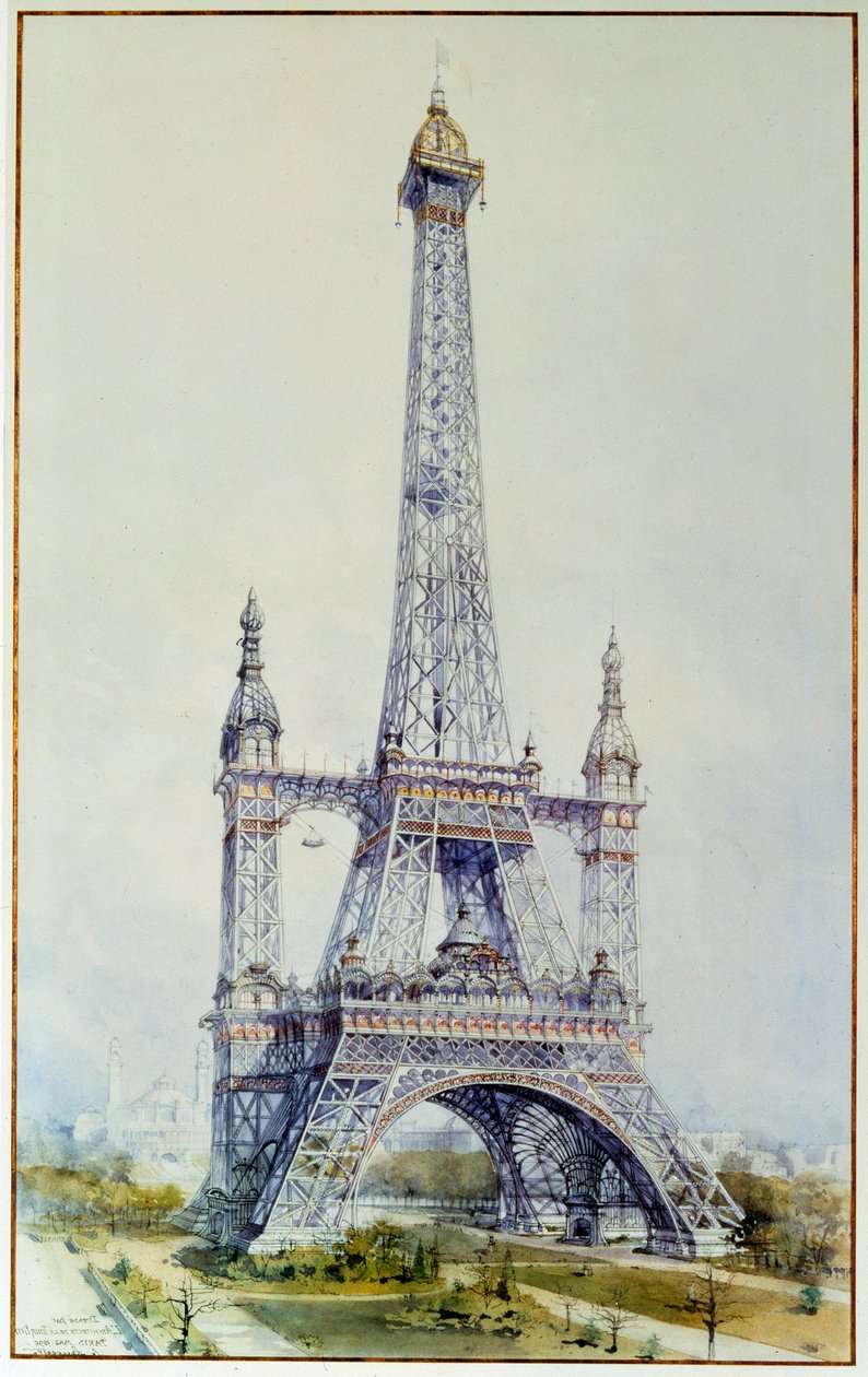 Proyecto para modificar la Torre Eiffel para la exposición de 1900 (mayo de 1896). Grabado de 1896. París, Archivos Nacionales de French School