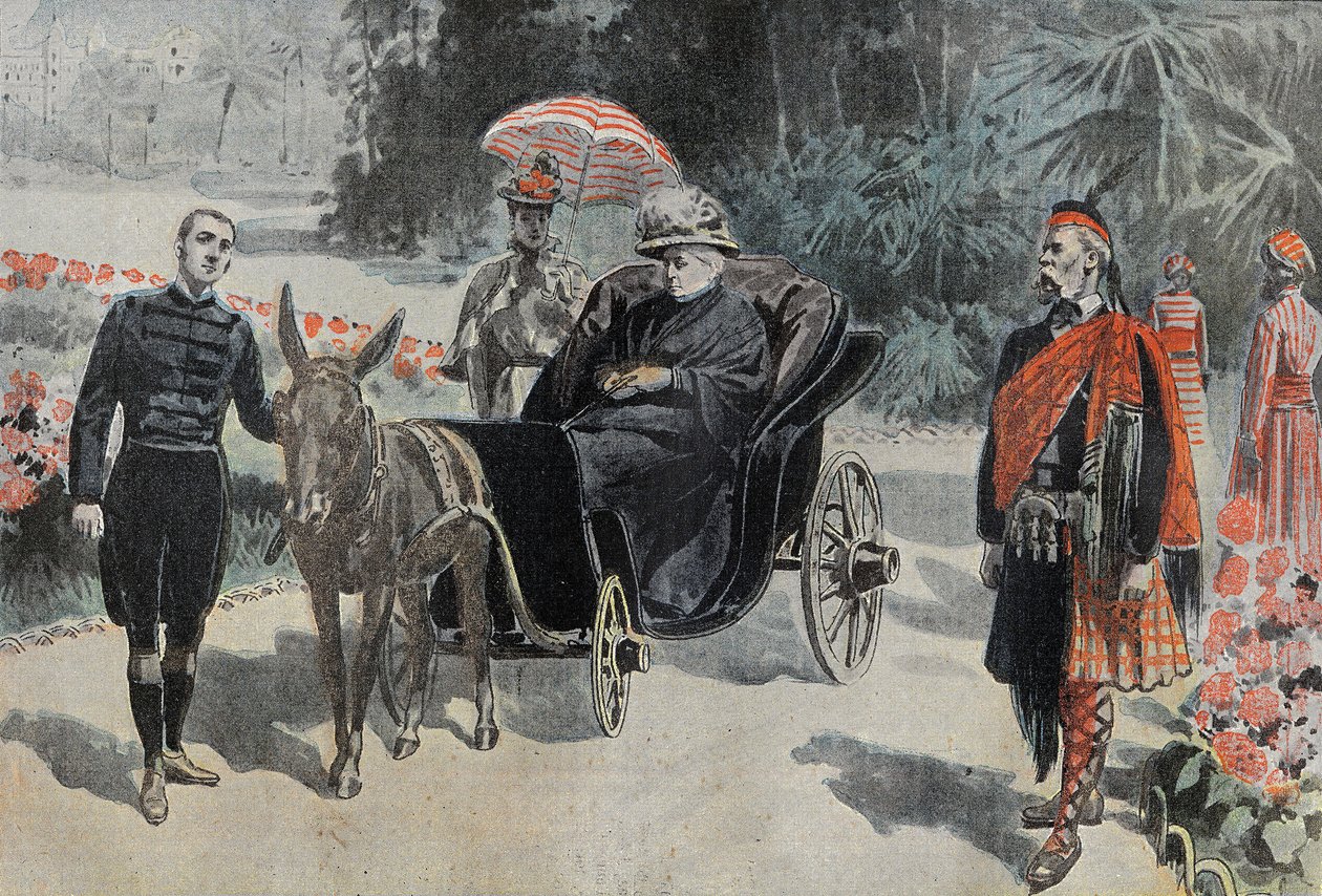 Paseo de Victoria I (1837-1901) Reina de Inglaterra, en el parque del Hotel Cimiez cerca de Niza. Grabado en “Le Pelerin” 26/03/1899. de French School