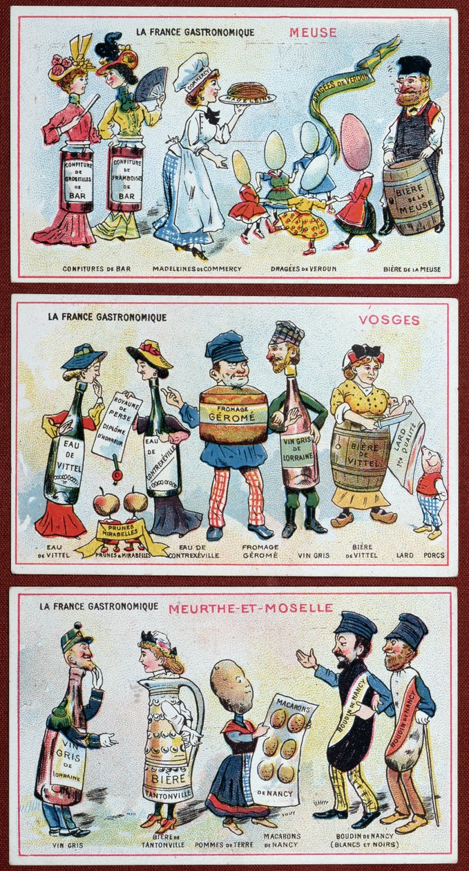 Tarjetas promocionales y educativas para niños que representan especialidades alimenticias de la región de Lorena, c.1910 de French School