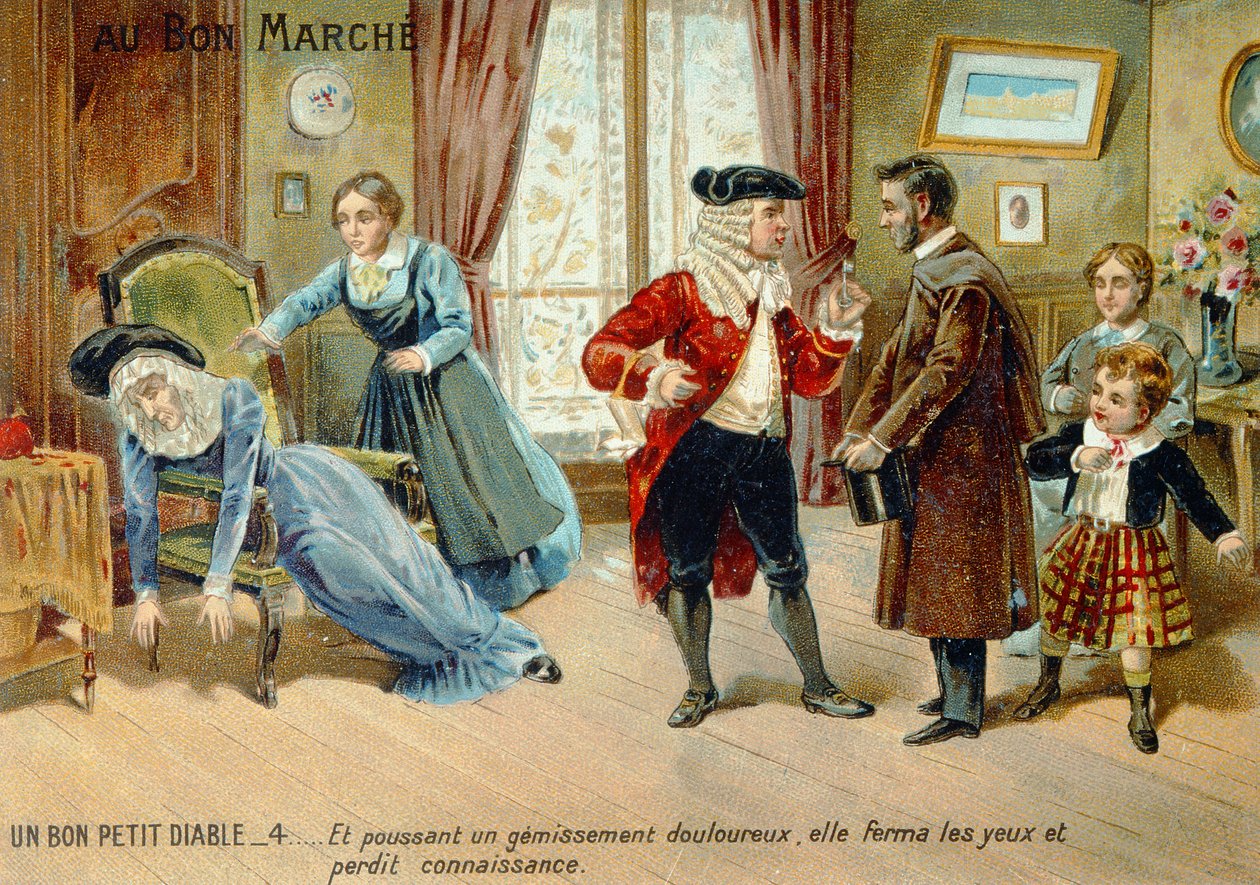 Tarjeta promocional anunciando Le Bon Petit Diable de la Condesa de Segur, finales del siglo XIX de French School
